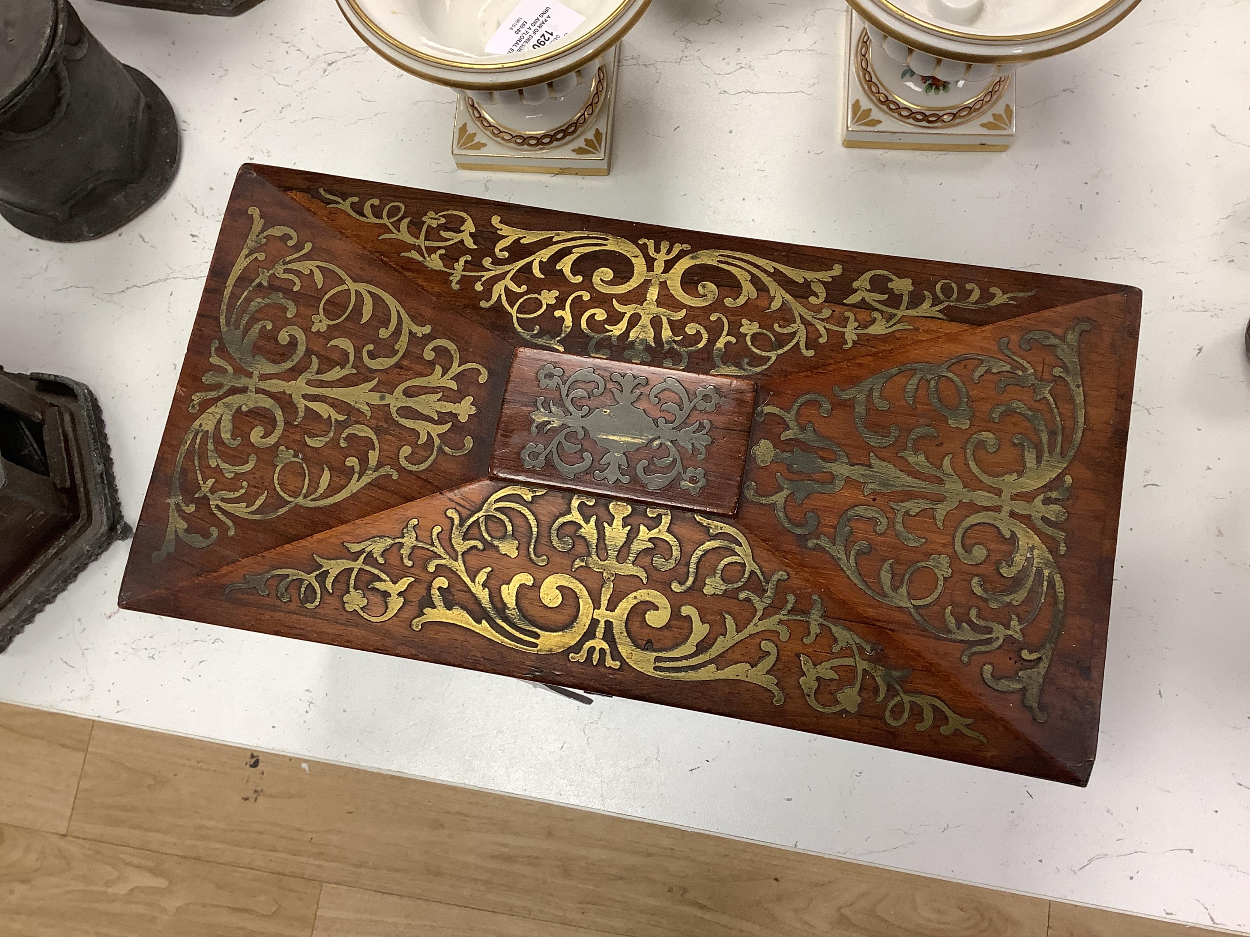 A William IV rosewood and cut brass inlaid tea caddy, 32cm wide